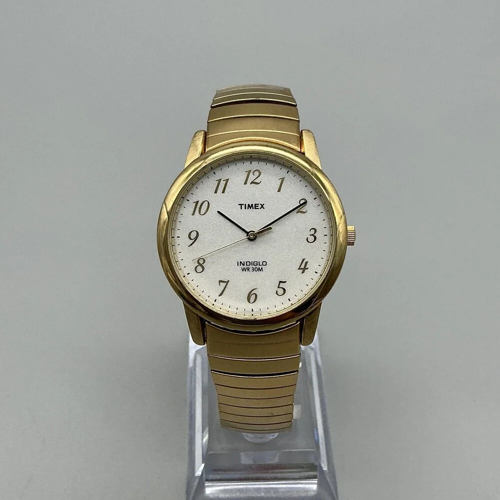 Timex Indiglo Mens Watch 35mm White Dial Gold Tone Stretch Bracelet New Battery